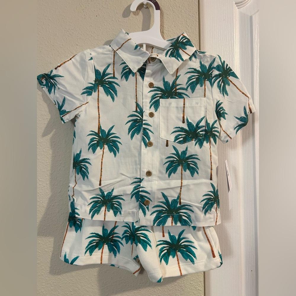 Tropical Palm Tree Kids Button Down Shirt - White and Green